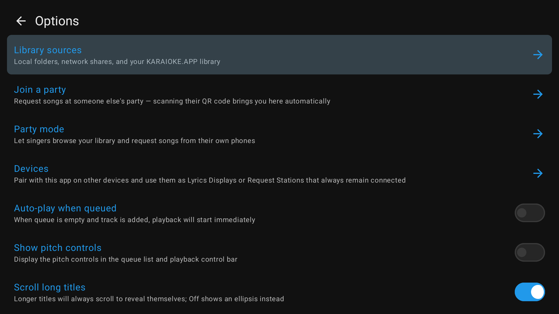 Options screen with library sources, party mode, devices and playback settings